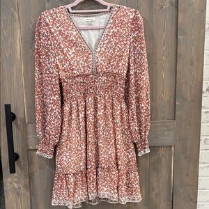 Max Studio Rust and Pink Floral Smocked V-Neck Long Sleeve Dress